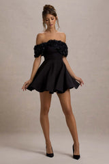 Micro Muse | Black Floral Bardot Mini Dress