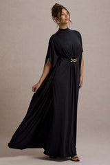 Olessia | Black Belted Gathered Cape-Sleeve Maxi Dress
