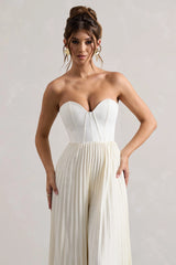 Lorelai | Cream Corset Plisse Wide-Leg Jumpsuit