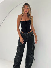 Long Night Denim Cargo Pants Washed Black