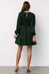 Ivey Smocked Short Dress | Dark Green + Silver