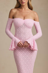 Off-Shoulder Ruffle Lace Maxi Dress in Soft Pink