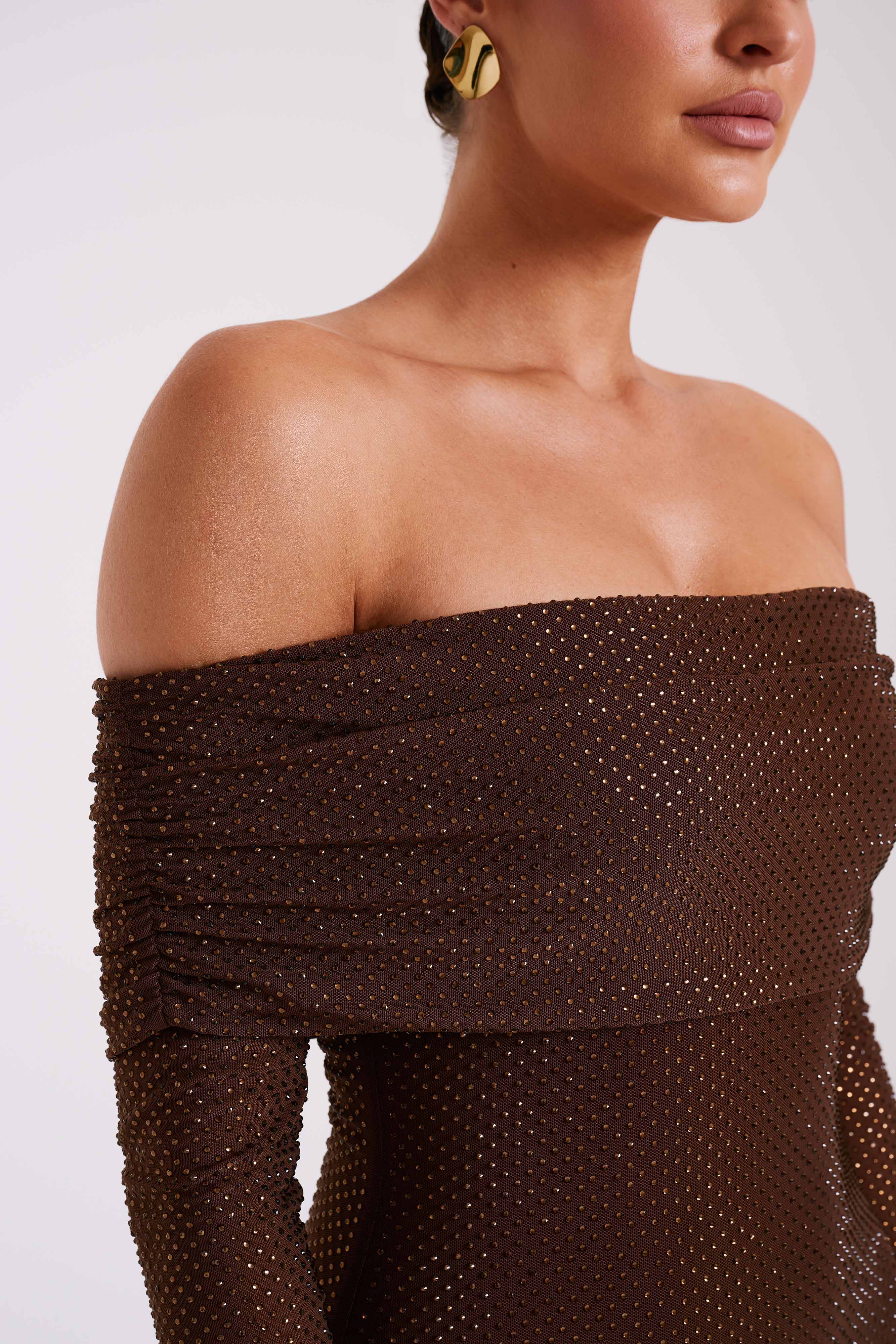 Marcel Off Shoulder Diamante Maxi Dress - Gunmetal/Chocolate