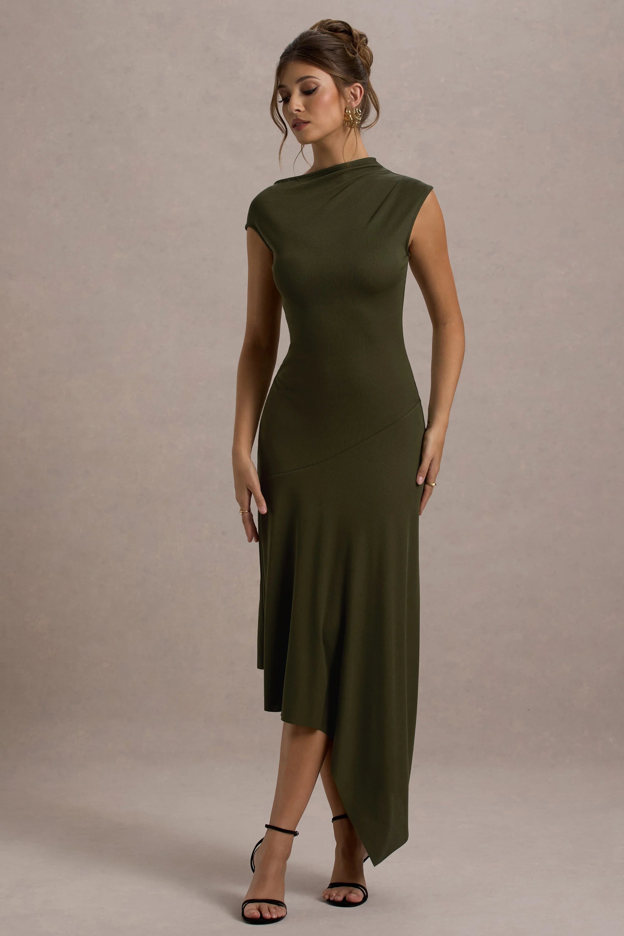 Ondine | Khaki Asymmetric Draped Midi Dress