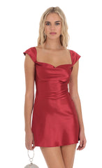 Cowl Neck Satin Open Back Dress in Red