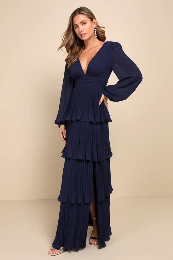 Graceful Finesse Navy Blue Pleated Long Sleeve Maxi Dress