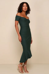 How Much I Care Dark Green Off-the-Shoulder Midi Dress