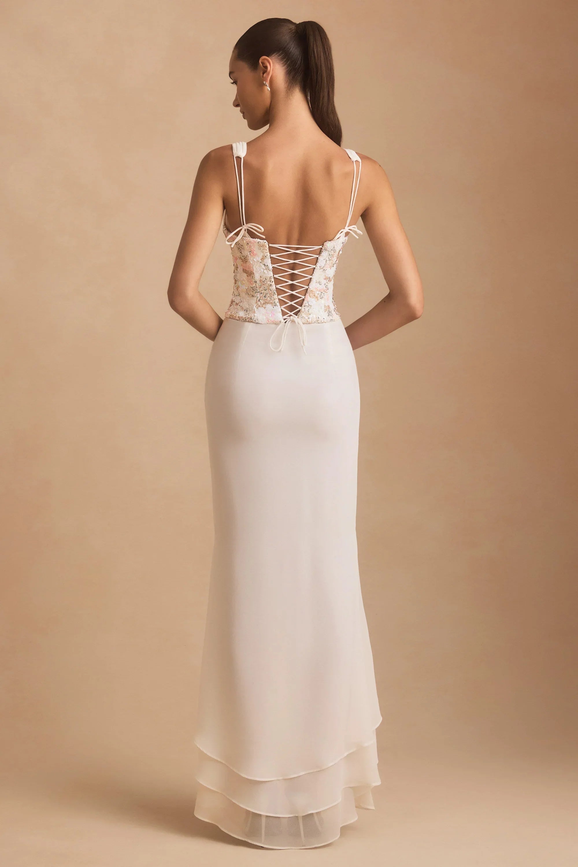 Embellished Plunge Ruffled Corset Maxi Dress in Ivory