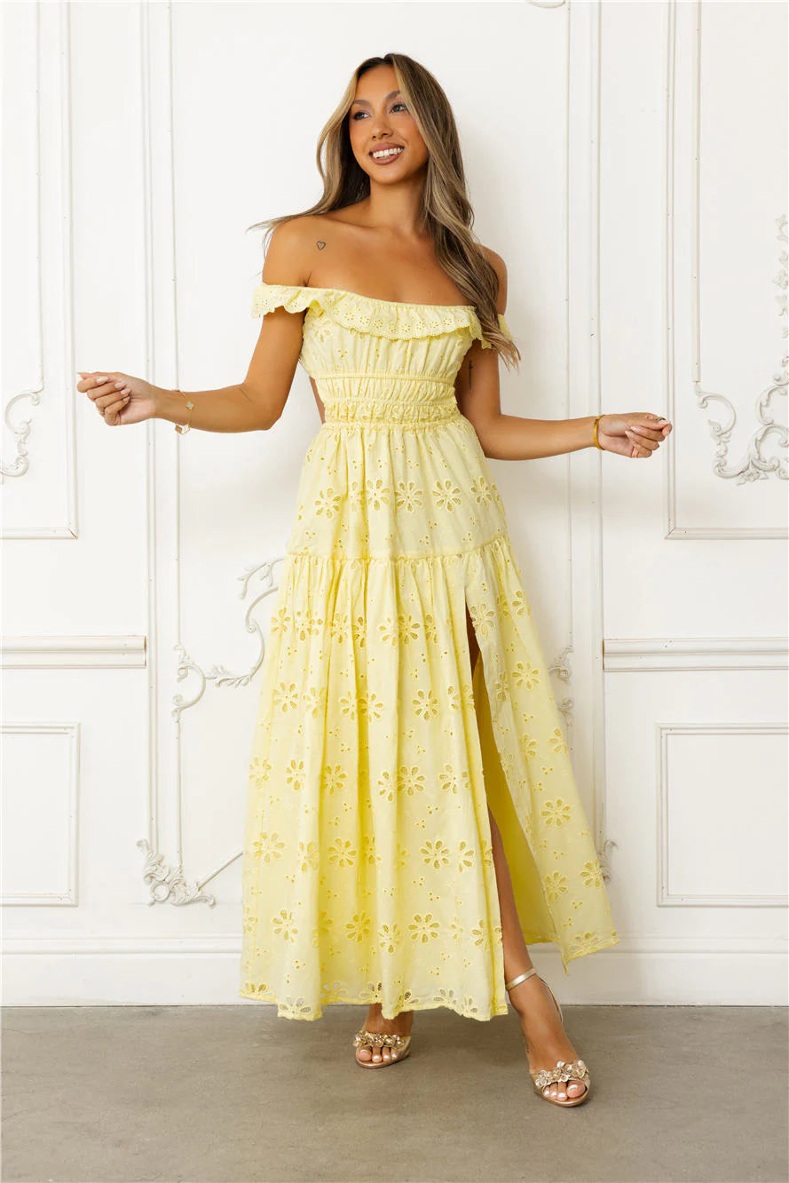 Secrets You Keep Off Shoulder Embroidered Maxi Dress