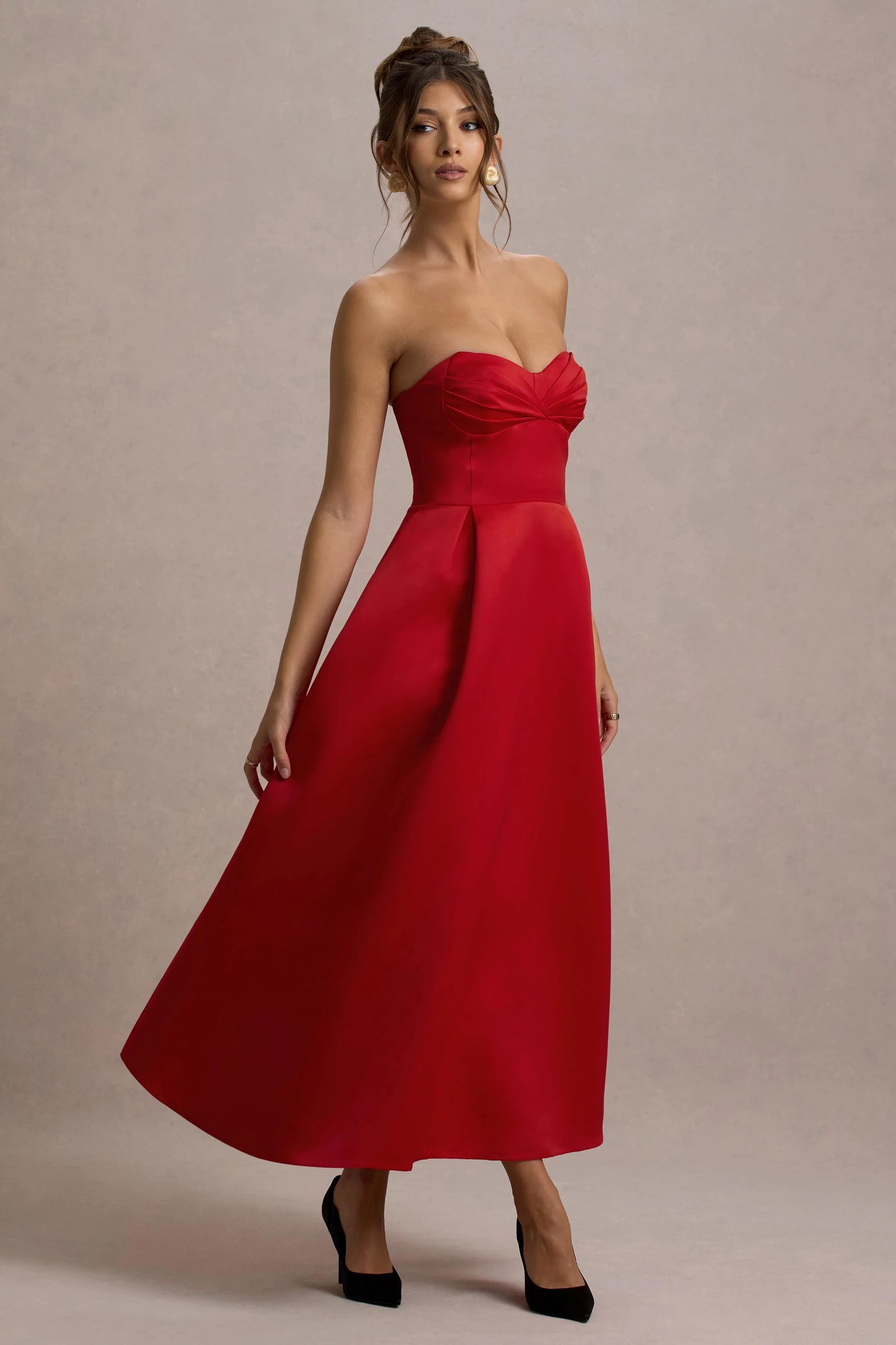 Wintour | Red Satin Sweetheart Midi Dress
