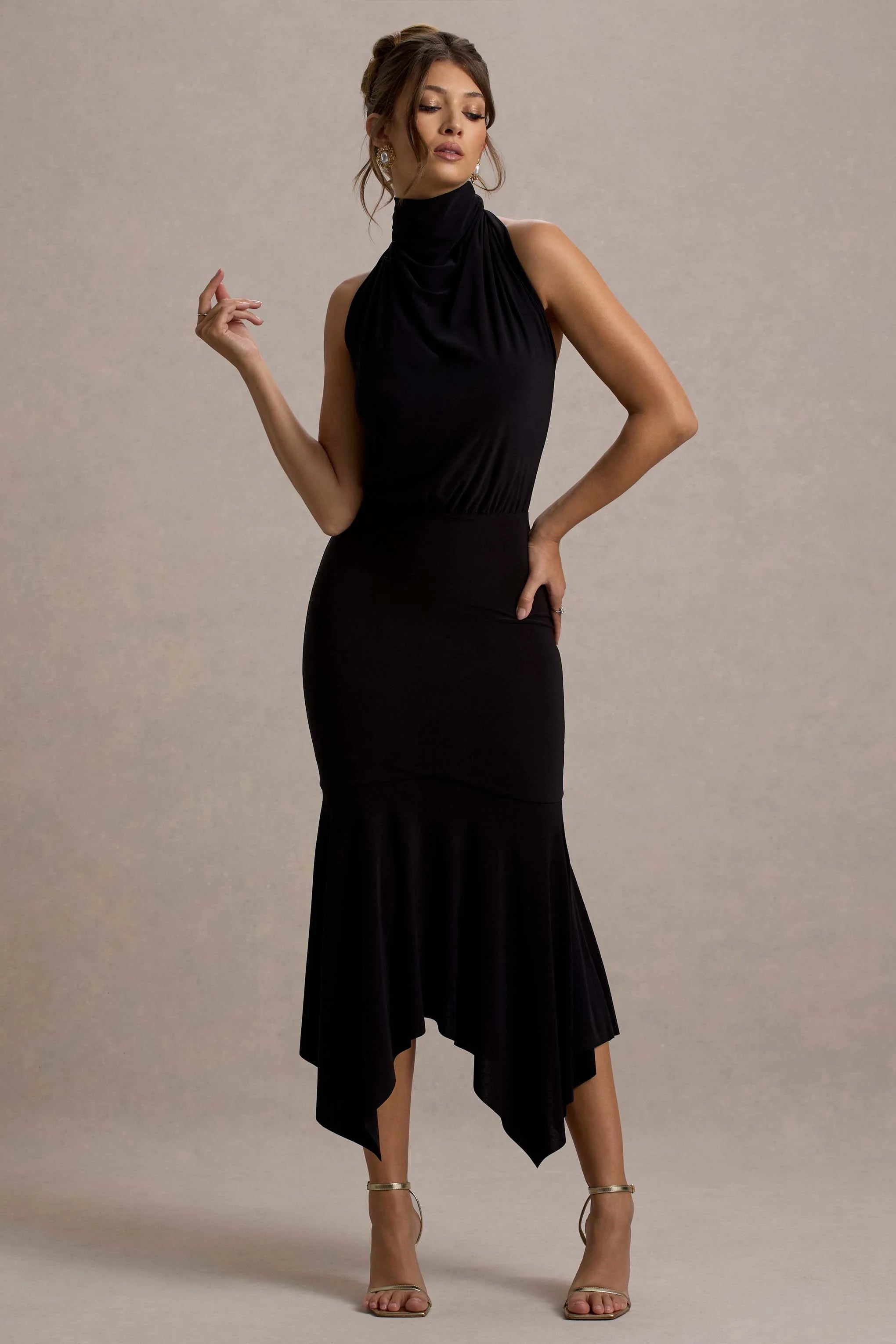 Prianyka | Black High-Neck Draped Midi Dress
