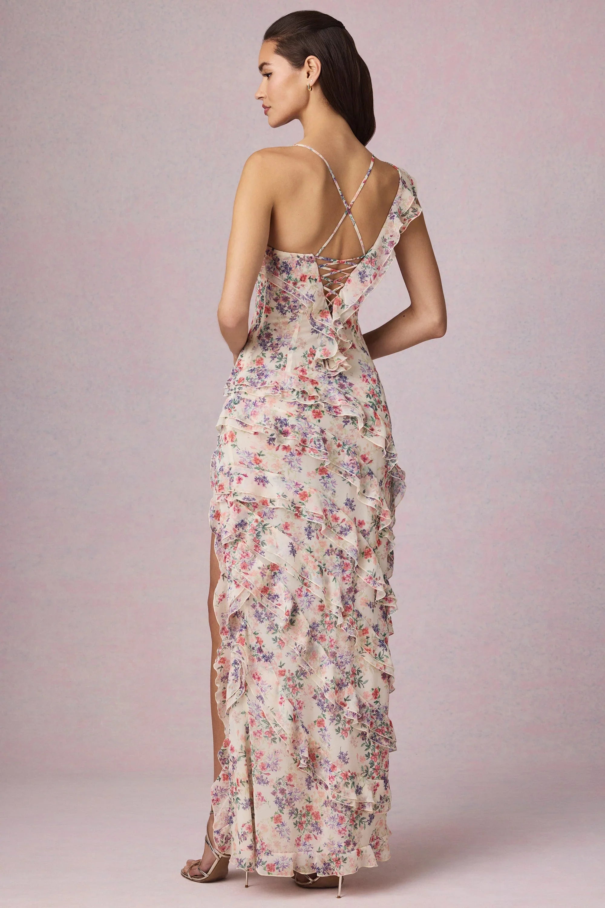 Asymmetric Ruffled Lace-Up Gown in Primrose Floral Print