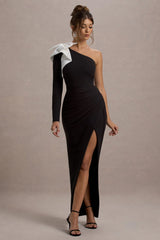 Philomena | Black One-Sleeve Split Maxi Dress With White Bow