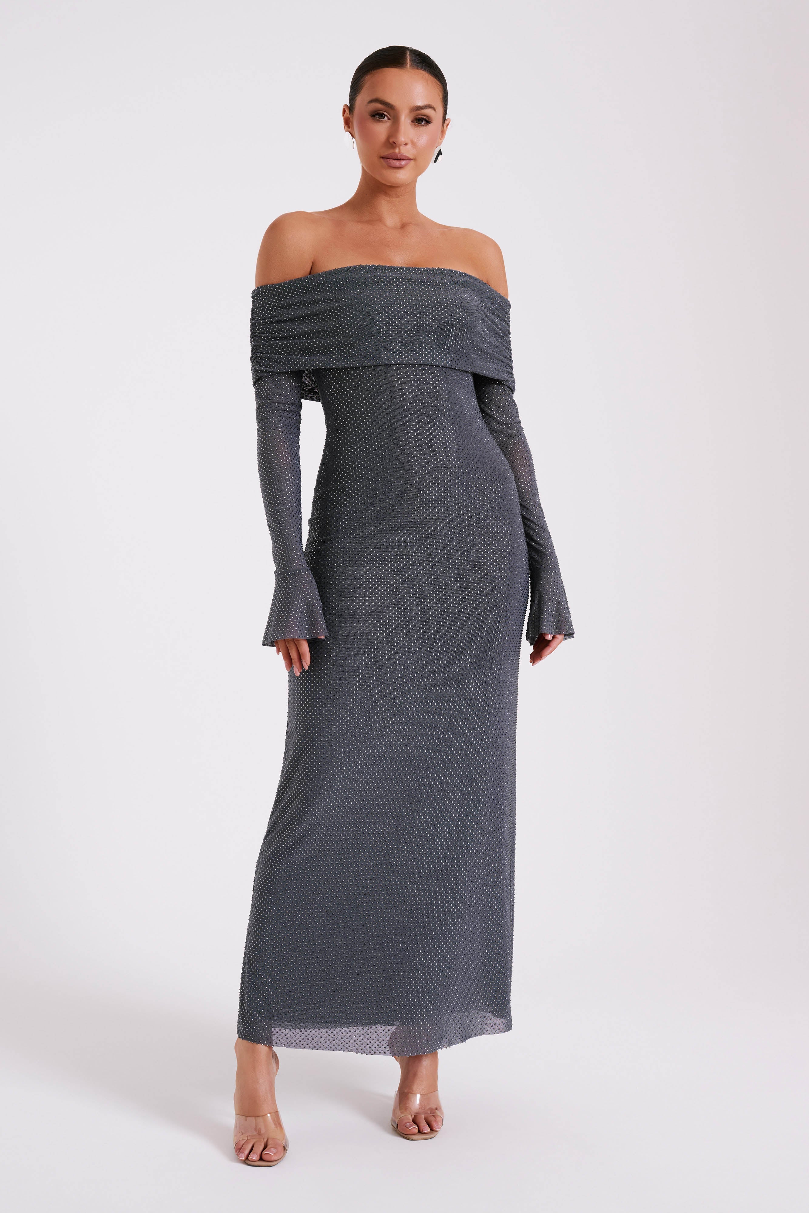 Marcel Off Shoulder Diamante Maxi Dress - Gunmetal/Chocolate