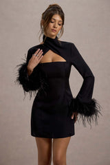Yoko | Black Halter-Neck Mini Dress With Feather Trims