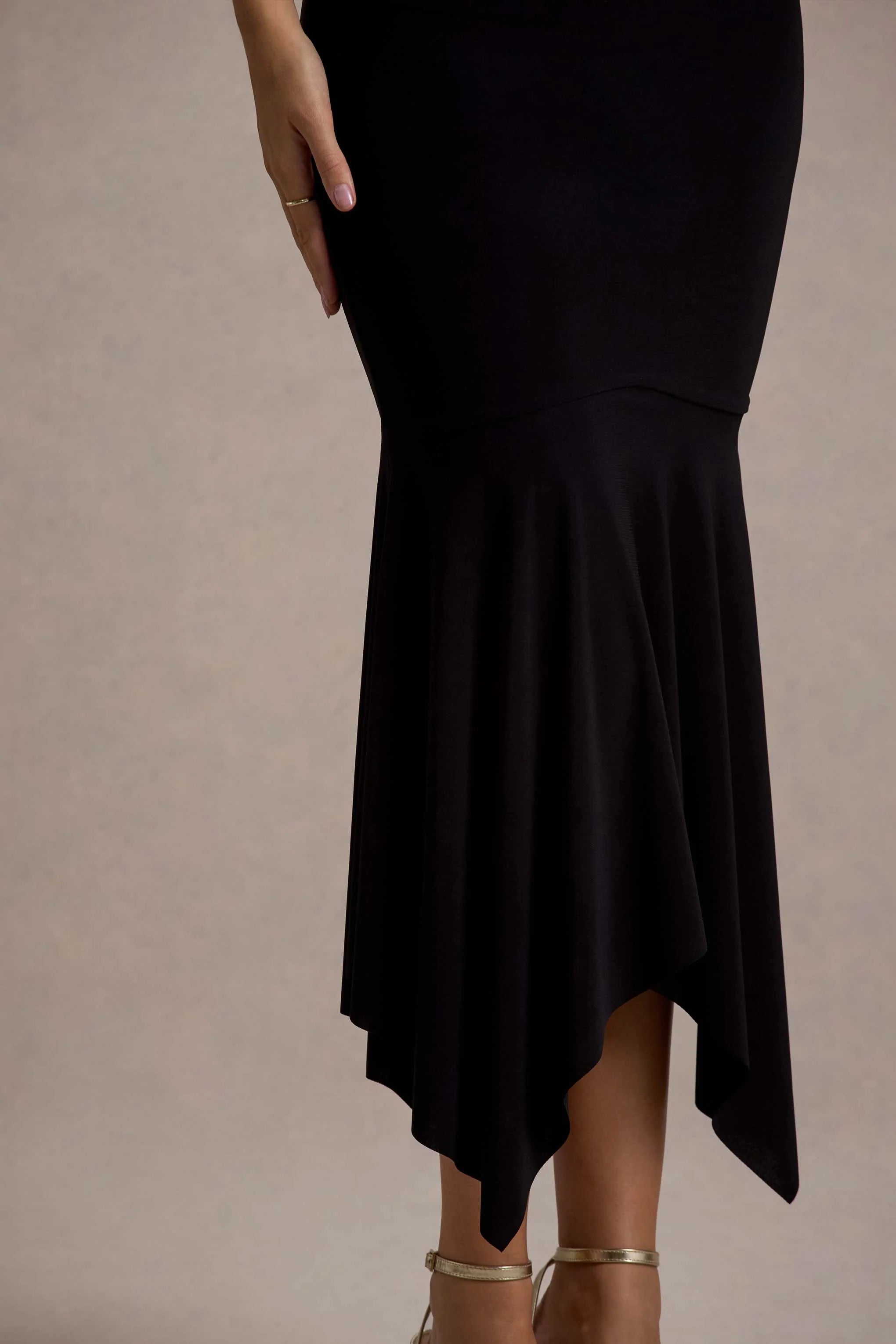 Prianyka | Black High-Neck Draped Midi Dress