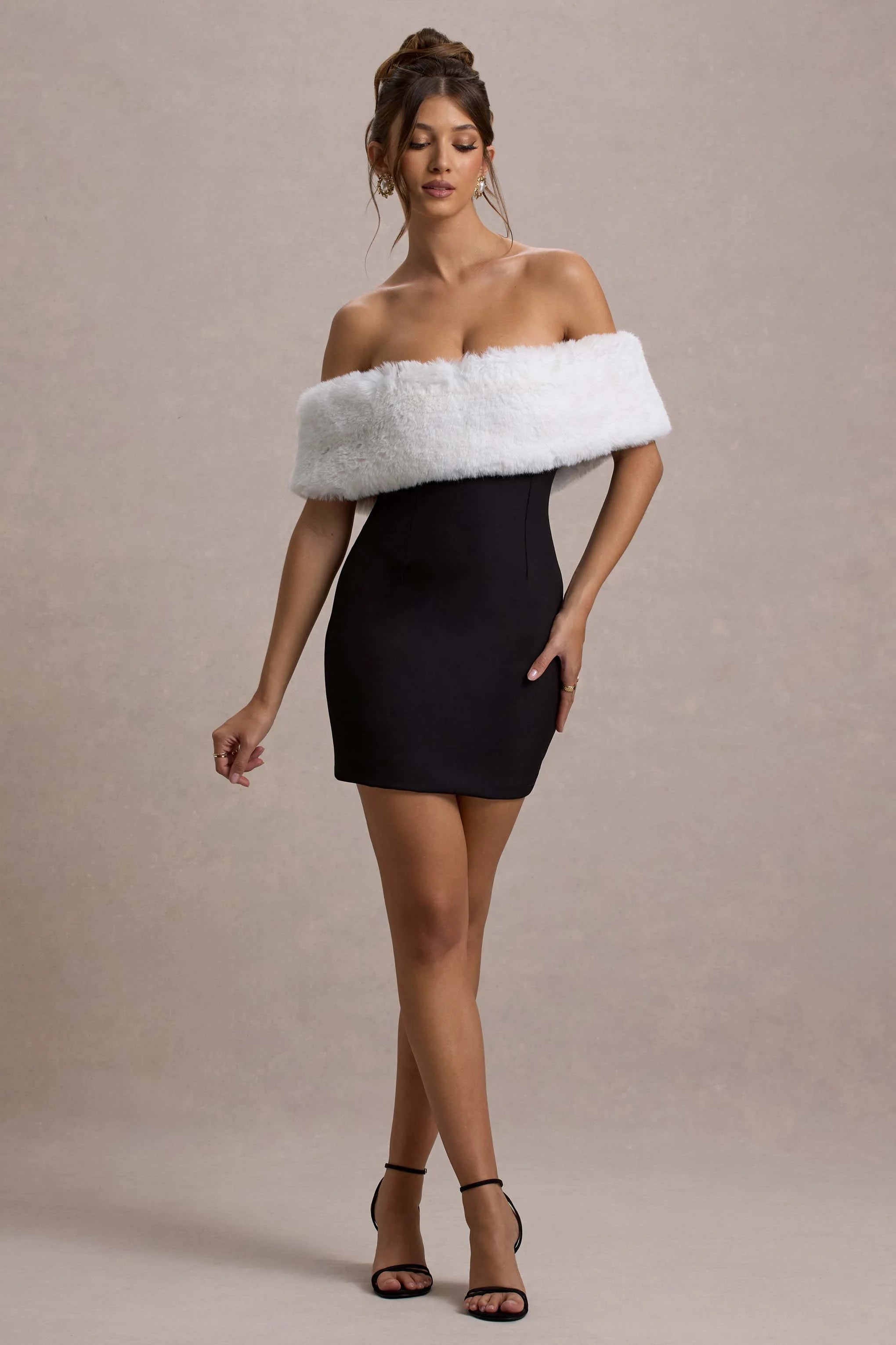 Little Luxe | Black Bardot Mini Dress With White Fur Trim