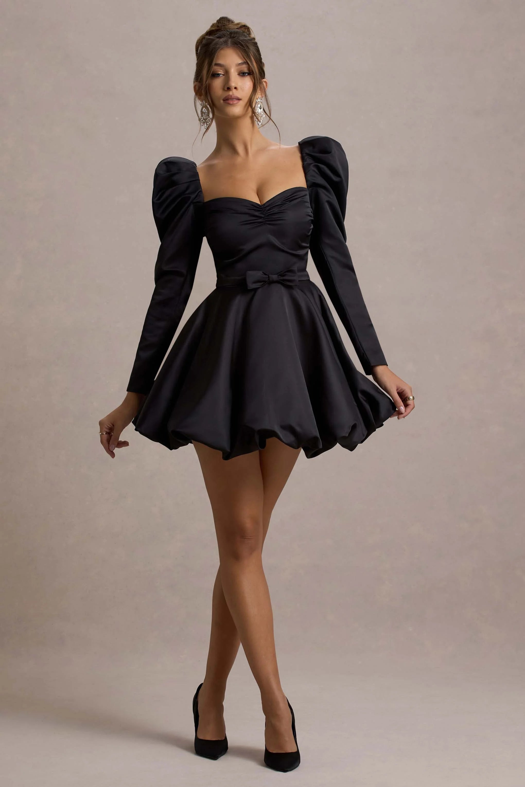 Murphy | Black Satin Belted Mini Dress With Puff Sleeves