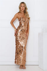Glistening Grandeur Strapless Sequin Maxi Dress Gold