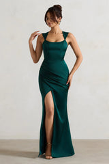 A Romantic | Green Satin Corset Wrap Maxi Dress