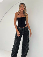 Long Night Denim Cargo Pants Washed Black