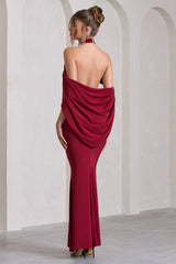 Revelation | Berry Red Crossed Halter-Neck  Maxi Dress With Cape