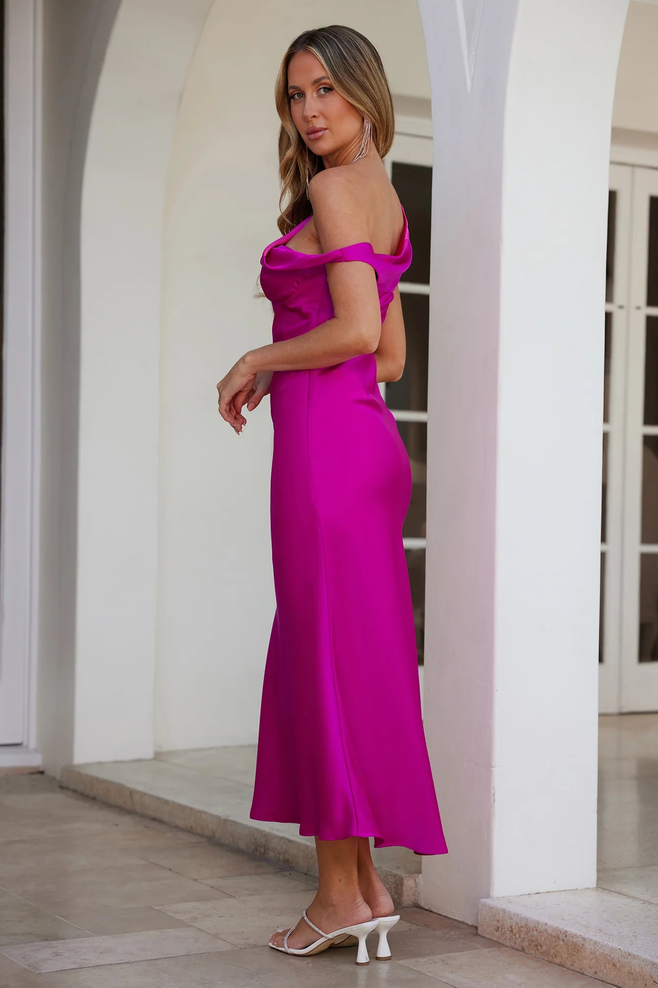 Stylish Season Off Shoulder Satin Midi Dress