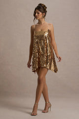 Nevada | Gold Embellished Strappy Halter-Neck Mini Dress