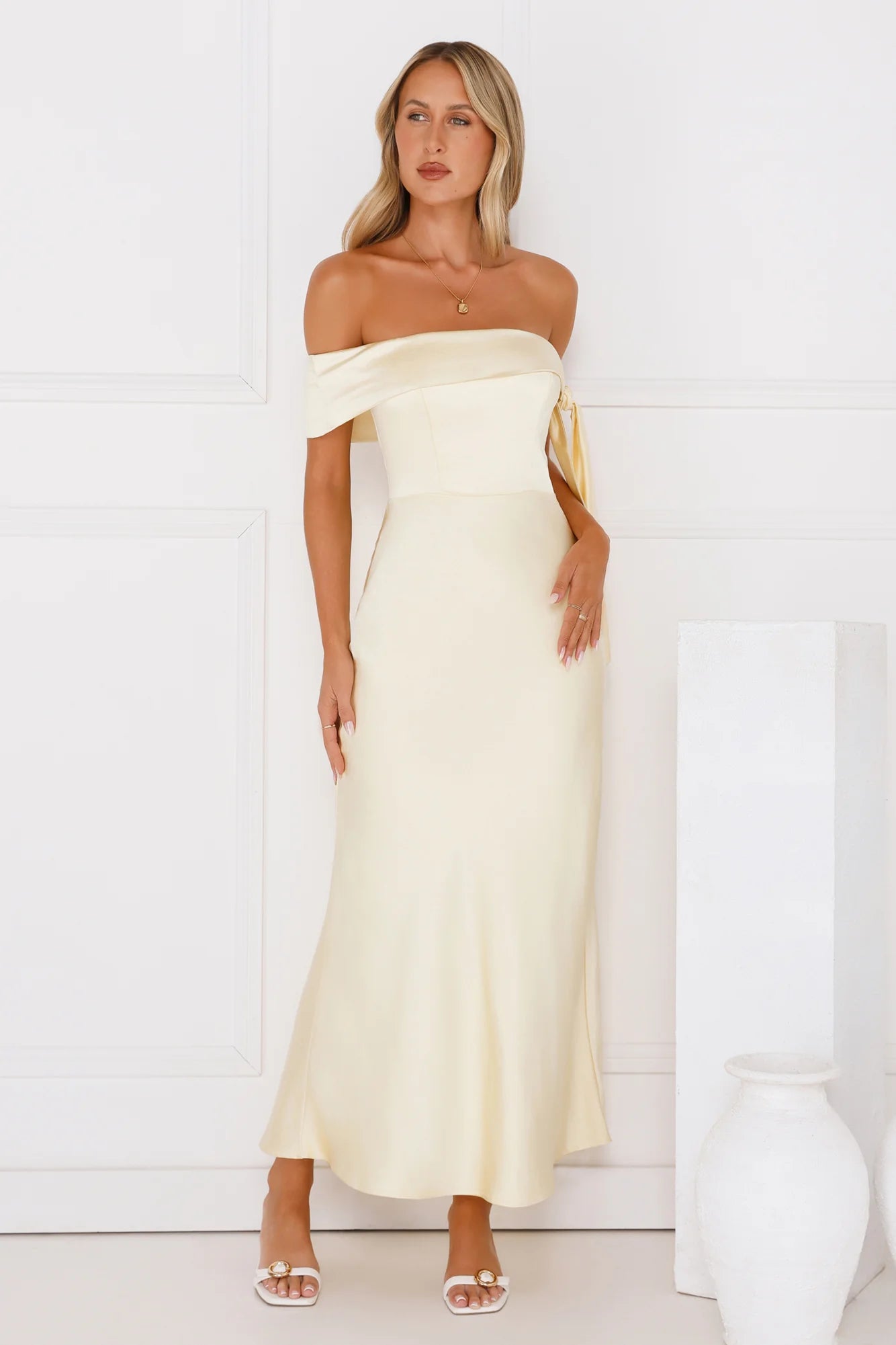 The Hype Off Shoulder Satin Midi Dress