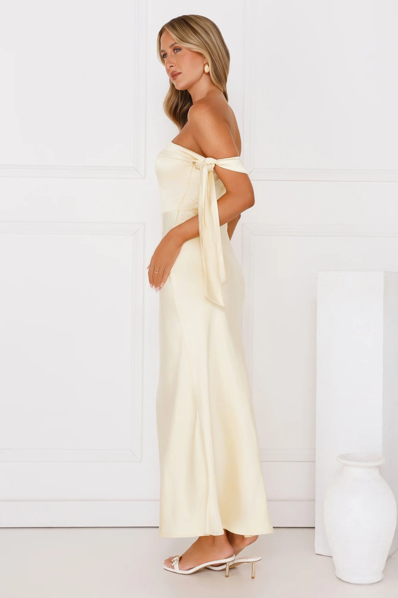 The Hype Off Shoulder Satin Midi Dress