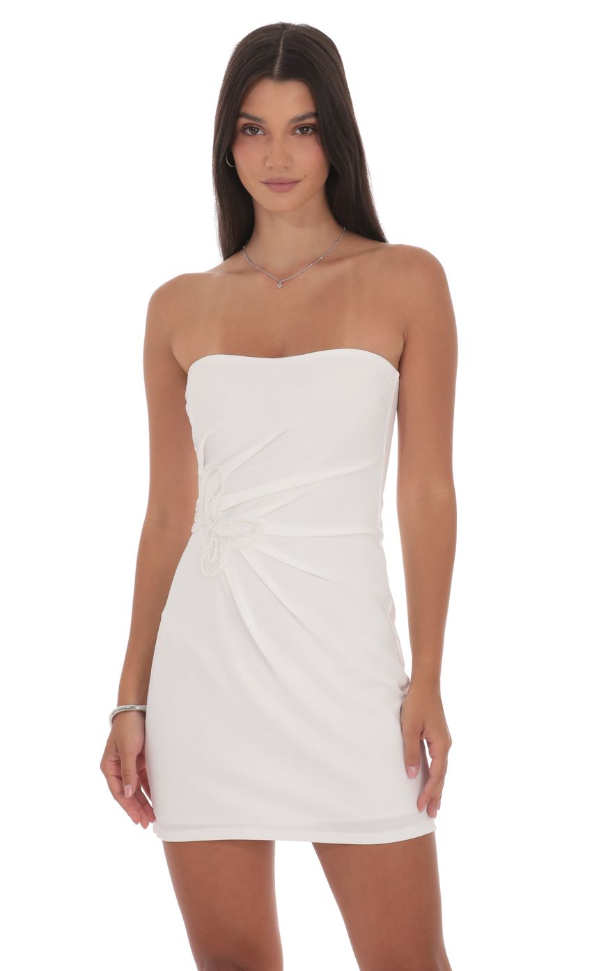 Pearl Butterfly Strapless Dress in White