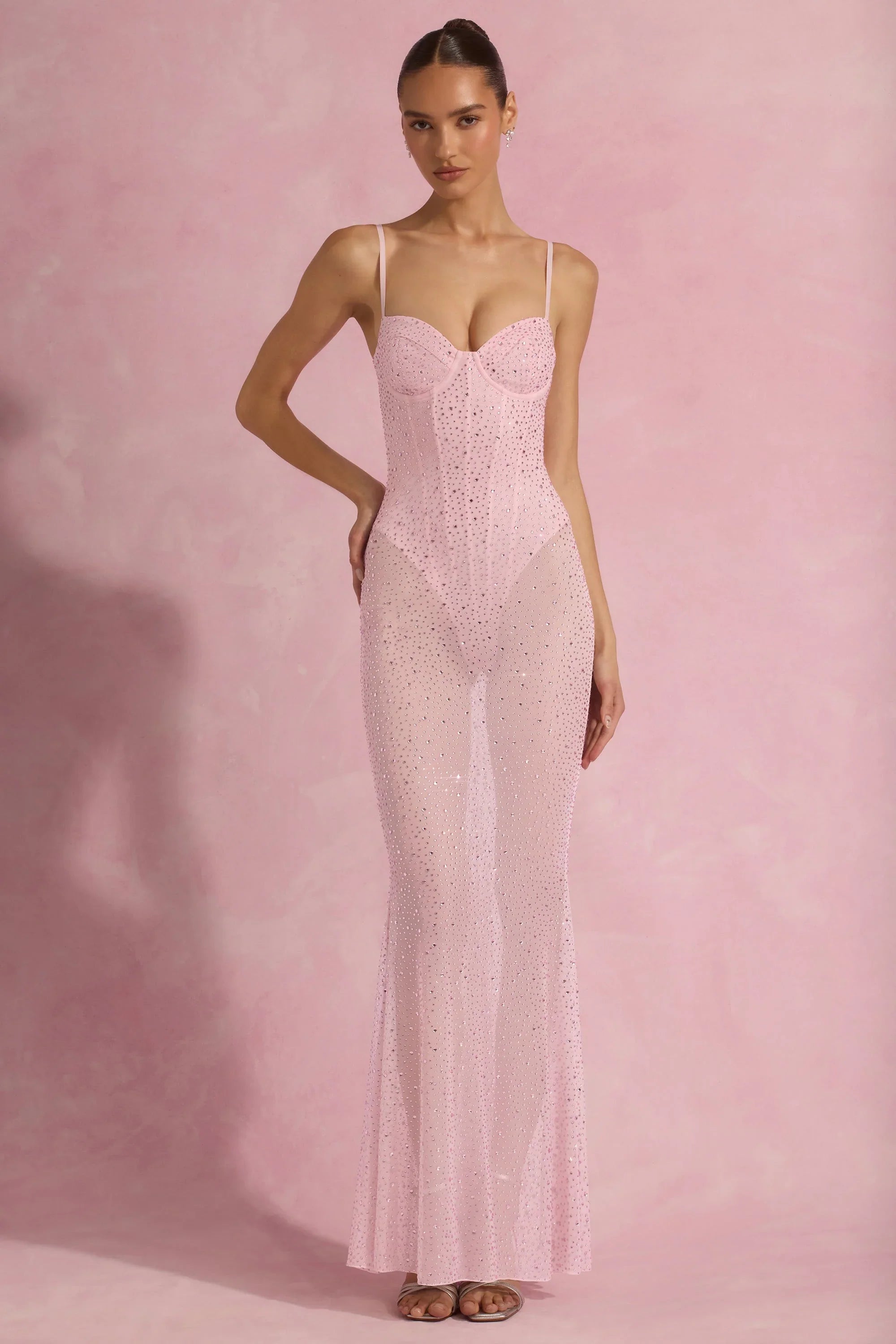 Semi-Sheer Embellished Corset Gown in Pink