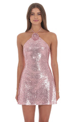 Sequin Florette Halter Dress in Pink