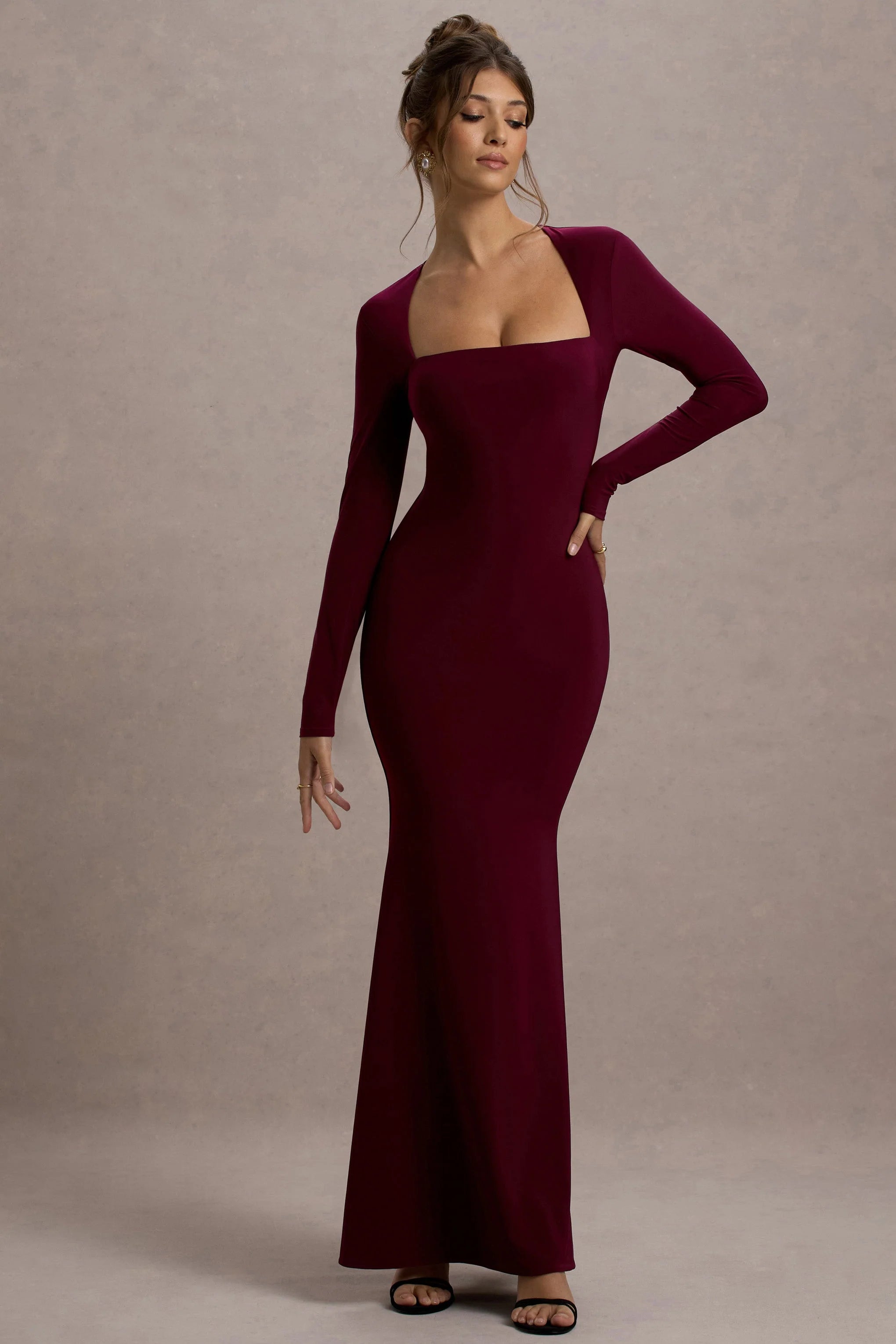 Maja | Burgundy Square-Neck Long-Sleeve Maxi Dress