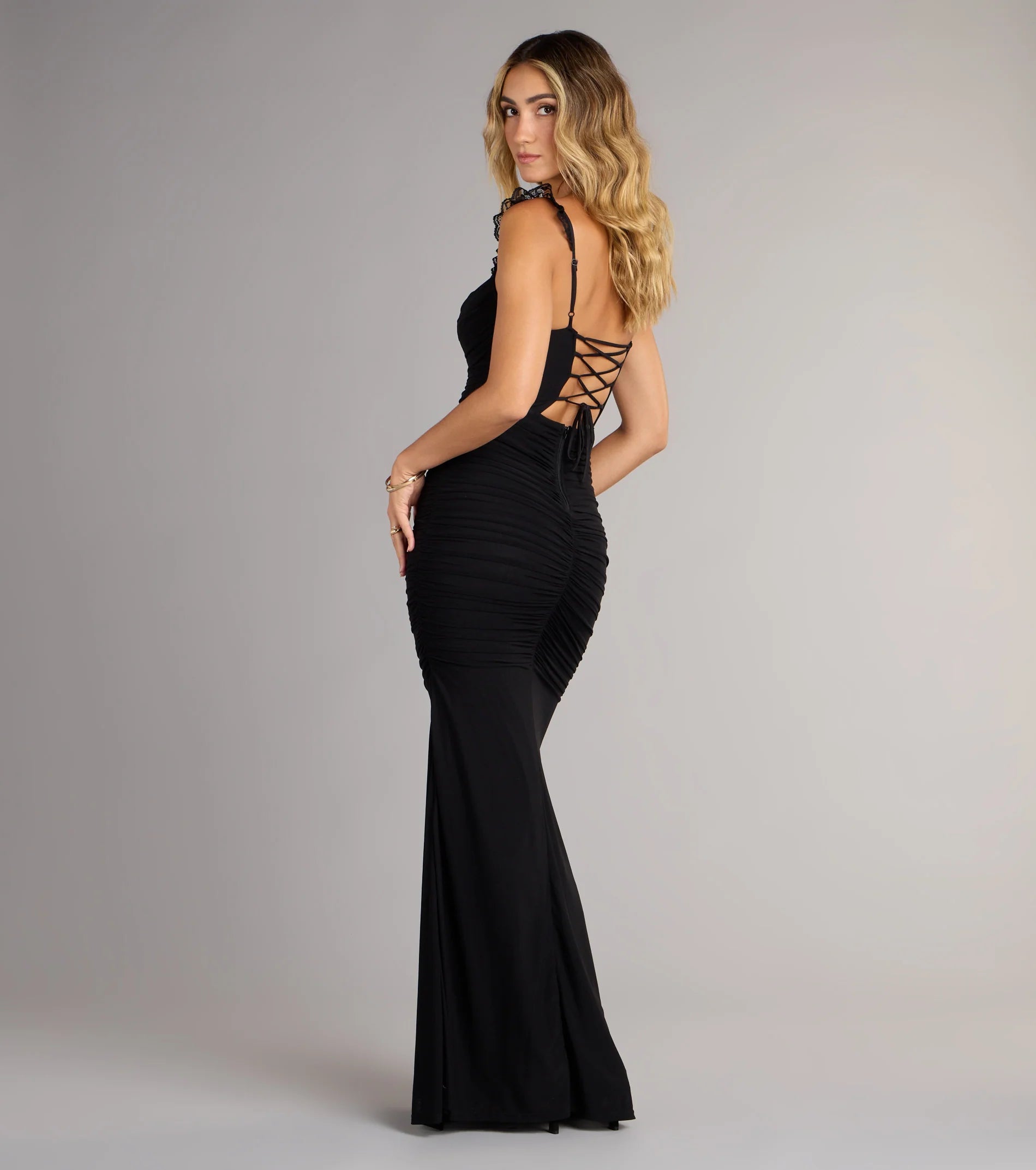 Morgana Lace-Up Ruched Mermaid Dress