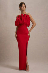 Set The Bar | Red Ruffled Strapless Split Maxi Dress