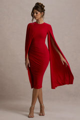Marysol | Red Asymmetric Cape Midi Dress