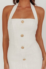 She Is Button Front Halter Midi Dress Tweed White