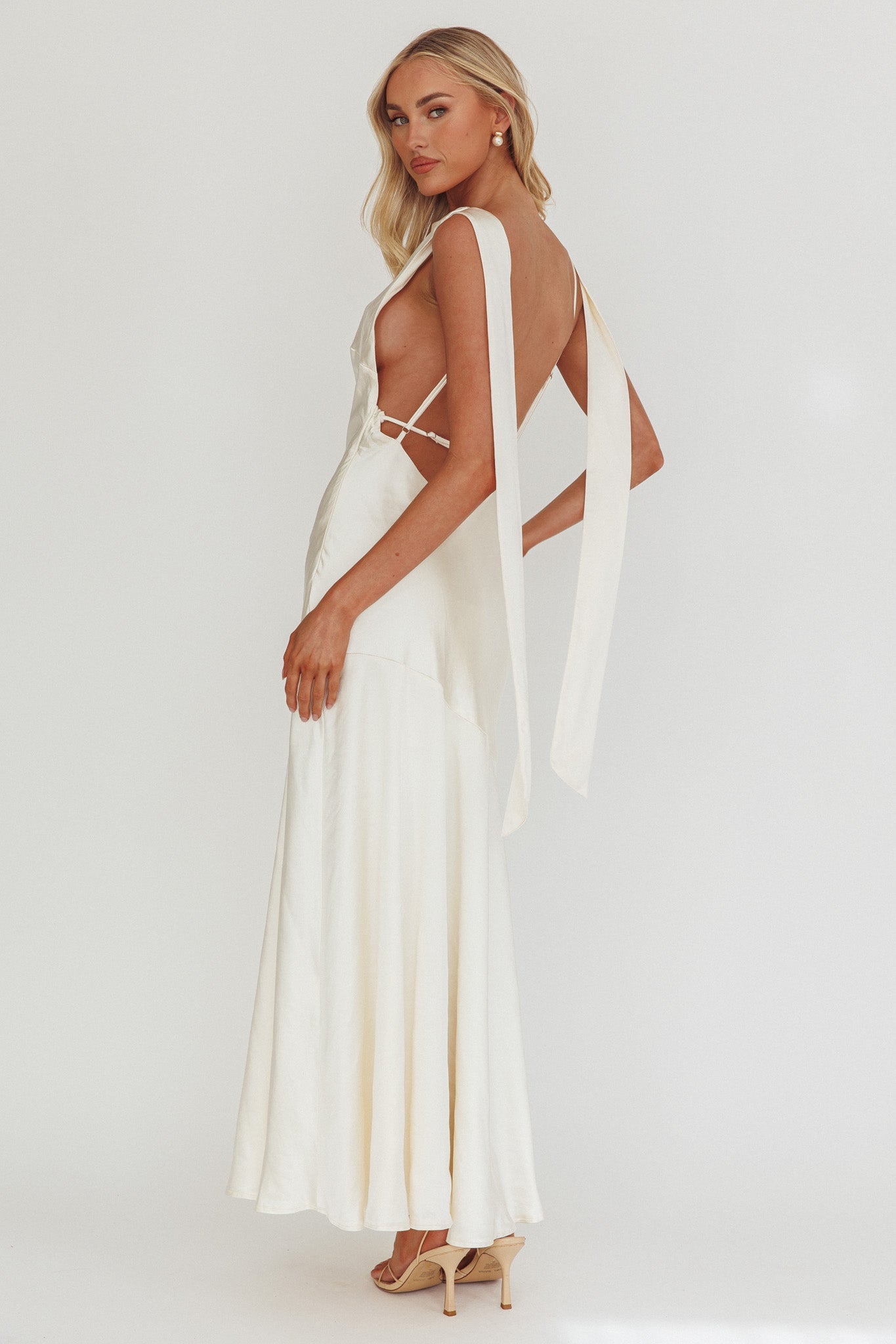 Second Glances Cowl Neck Backless Maxi Dress Cream