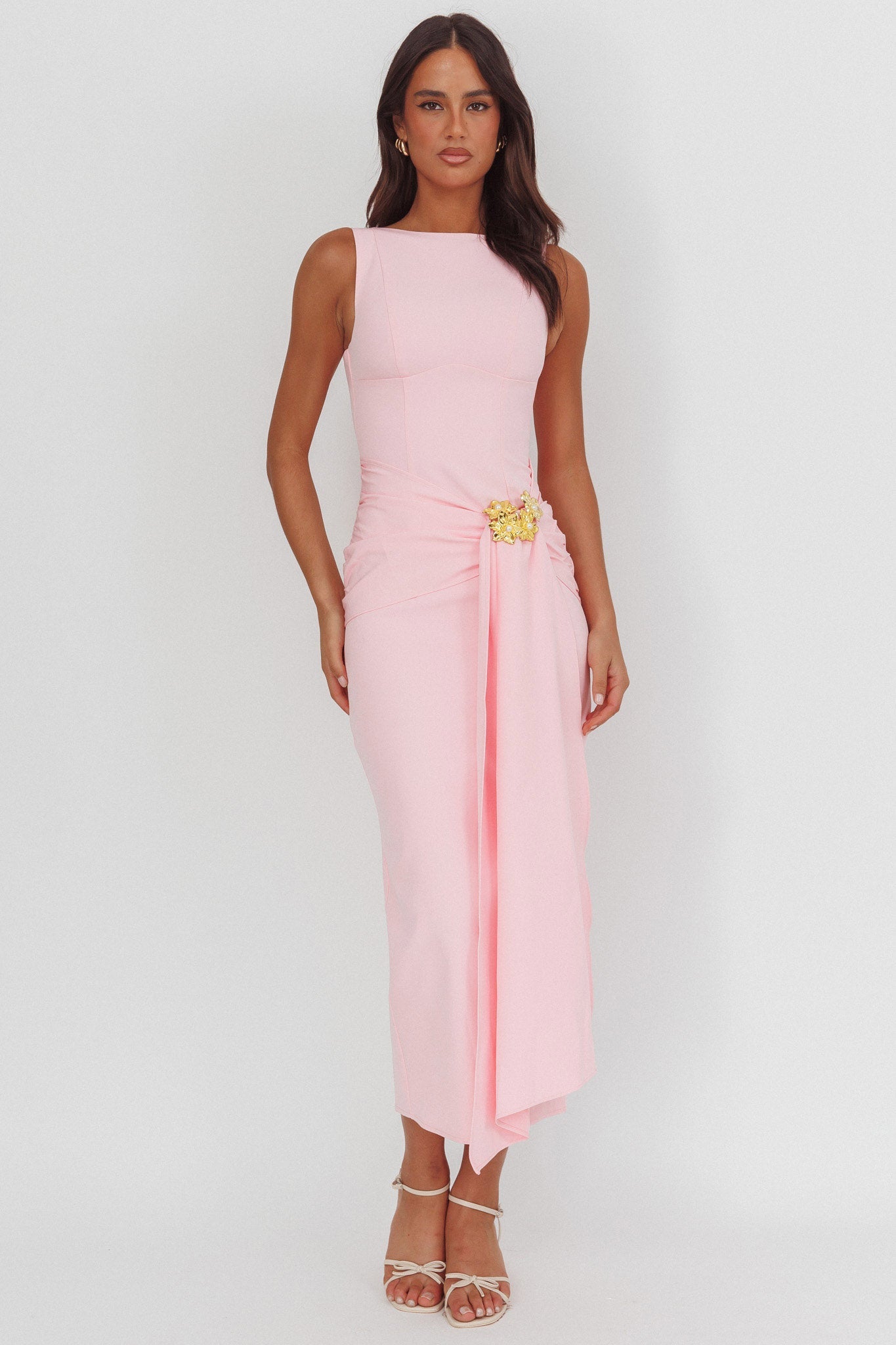 Zimora Gold Buckle Waist Drape Maxi Dress Pink