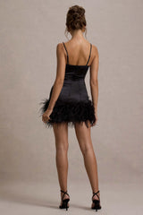 Vampira | Black Satin Corset Feather Mini Dress