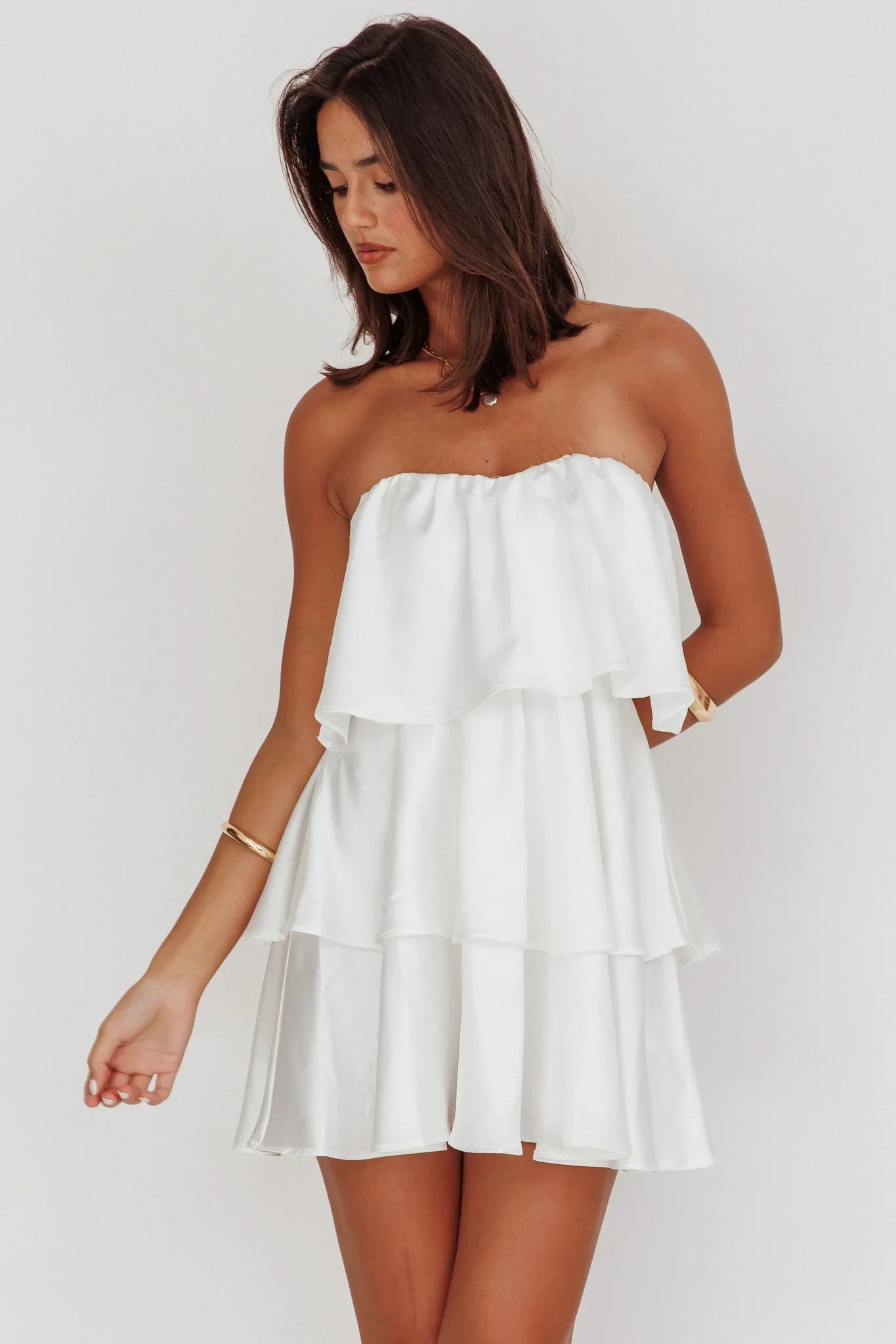 Behati Tiered Layer Strapless Dress White