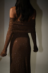 Marcel Off Shoulder Diamante Maxi Dress - Gunmetal/Chocolate
