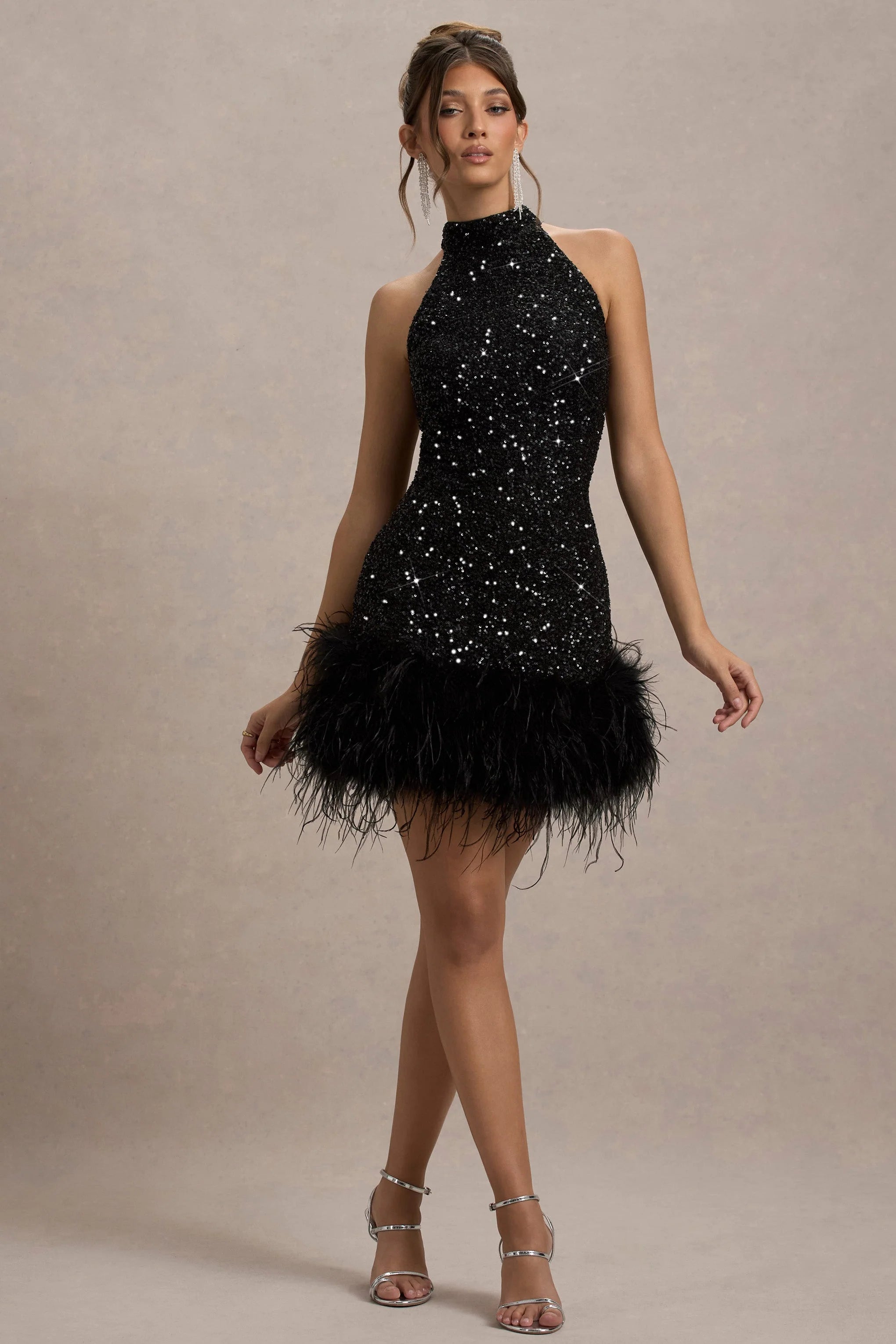Lumi | Black Sequin High-Neck Feather Trim Mini Dress
