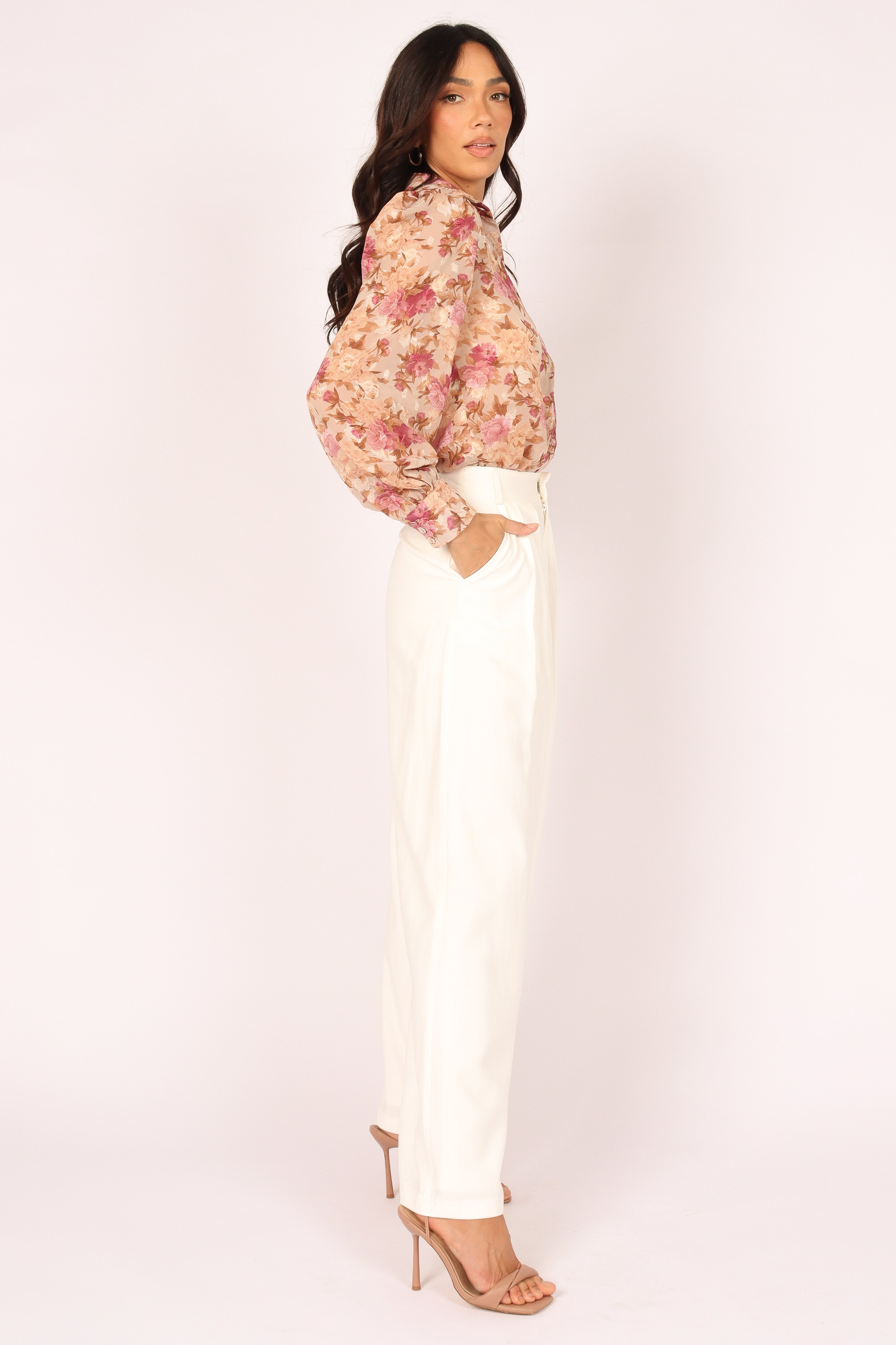 Abbey Floral Button Front Top - Beige