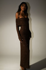 Marcel Off Shoulder Diamante Maxi Dress - Gunmetal/Chocolate