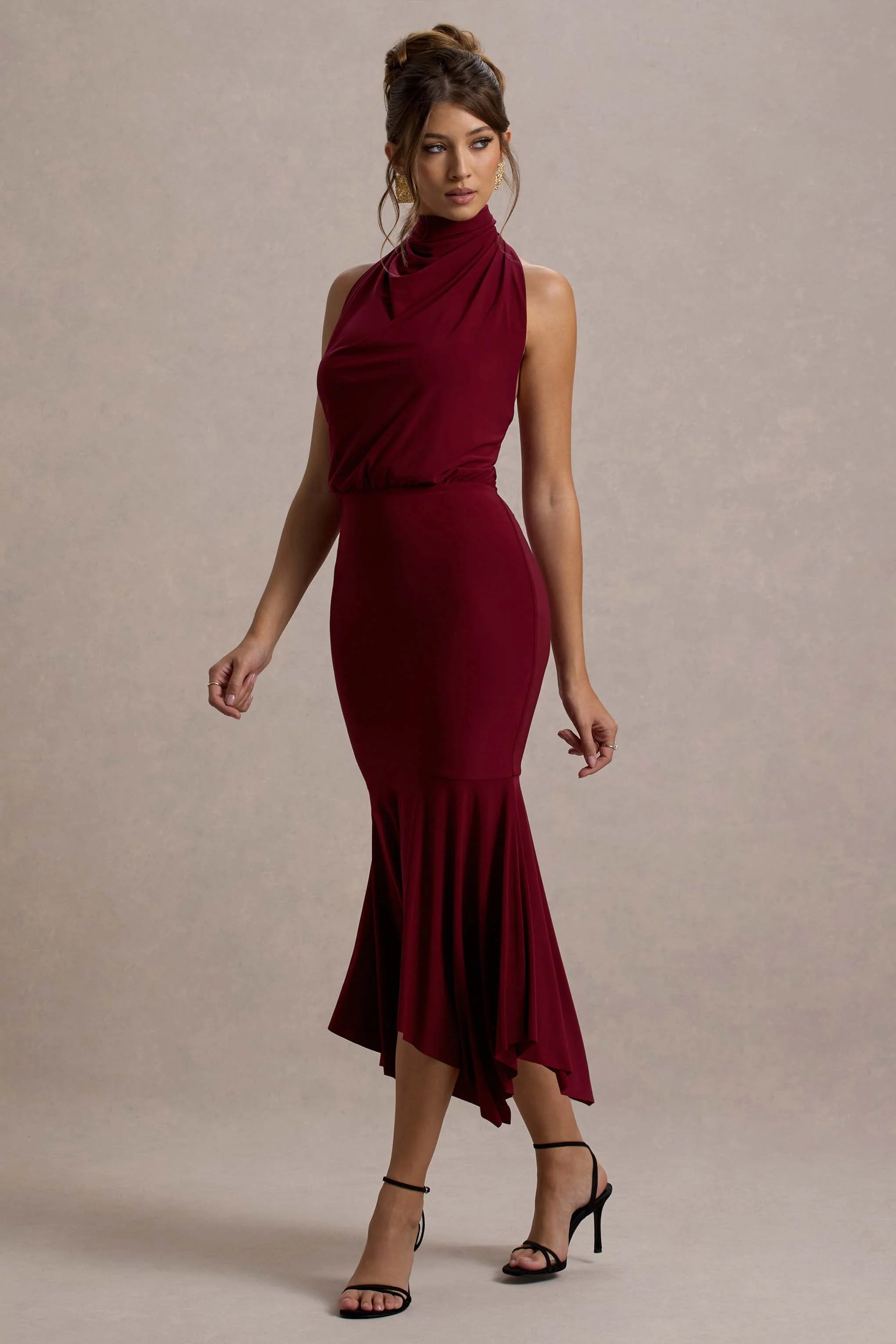Prianyka | Berry High-Neck Draped Midi Dress