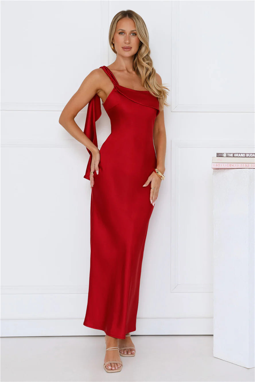 Romantic Tales Satin One Shoulder Maxi Dress