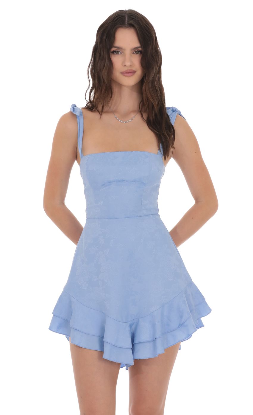 Floral Jacquard Ruffle A-line Dress in Light Blue