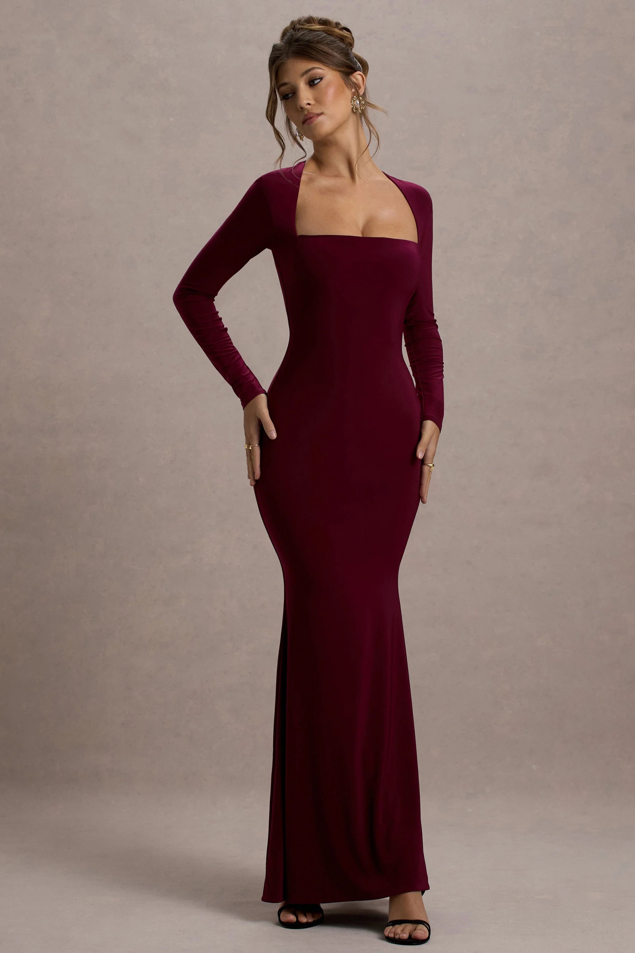 Maja | Burgundy Square-Neck Long-Sleeve Maxi Dress